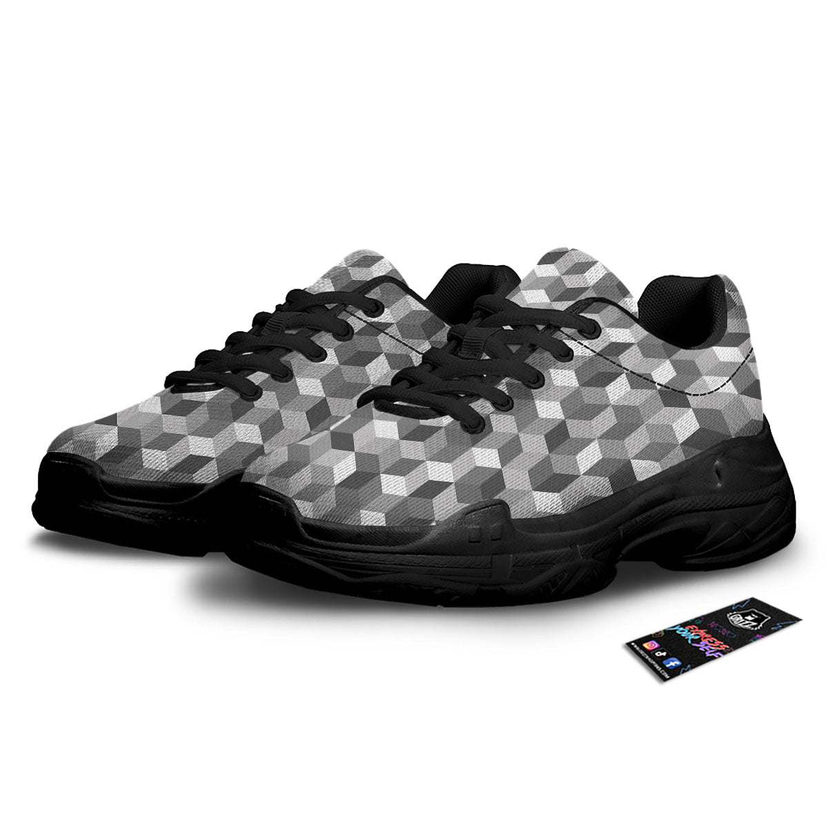 Cube Shape Grey Geometric Print Pattern Black Chunky Shoes-grizzshop