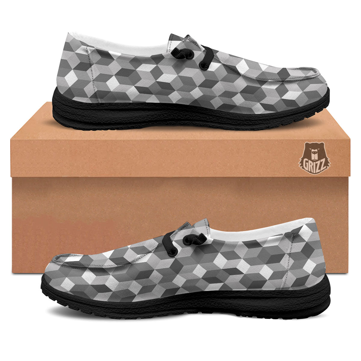 Cube Shape Grey Geometric Print Pattern Black Loafers-grizzshop