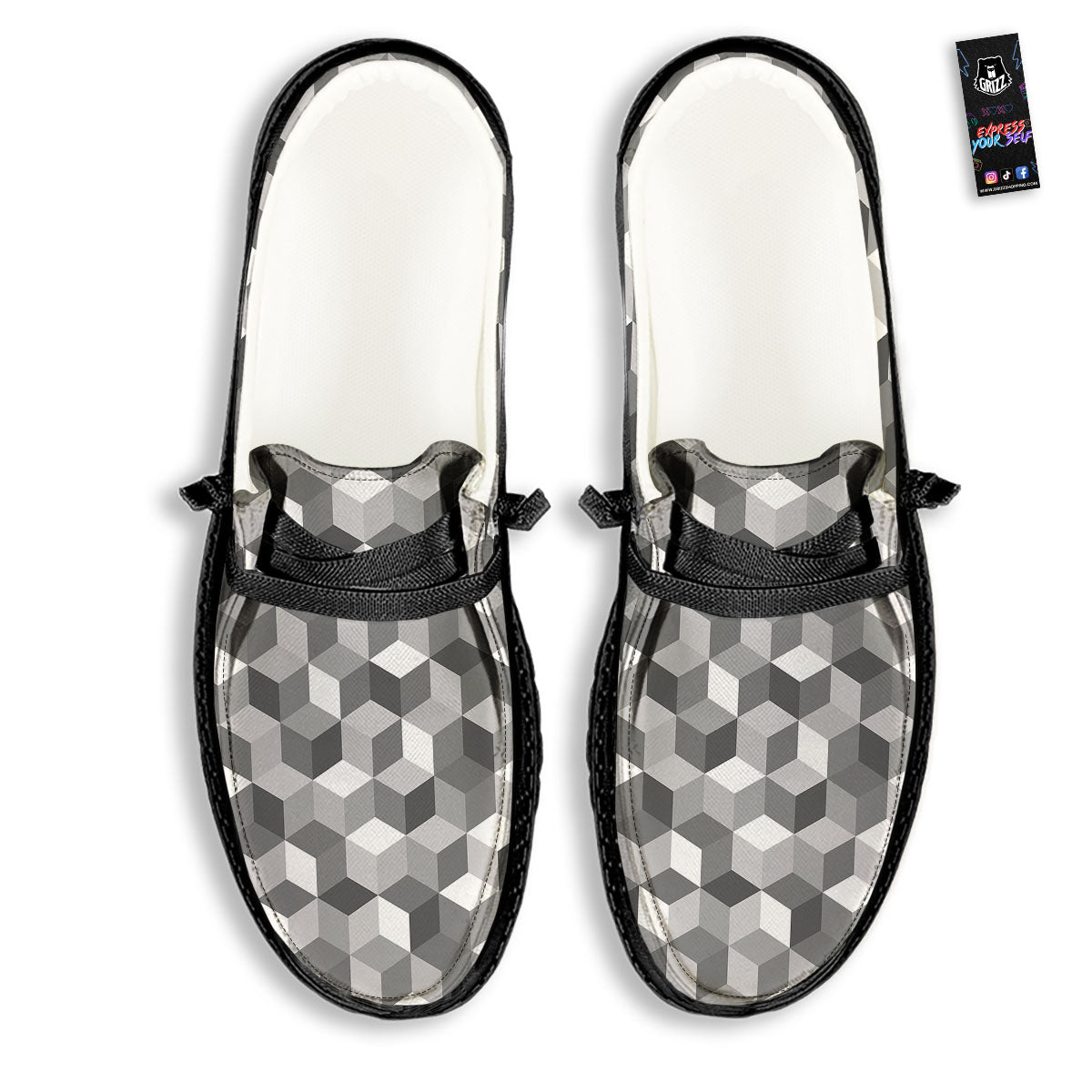 Cube Shape Grey Geometric Print Pattern Black Loafers-grizzshop