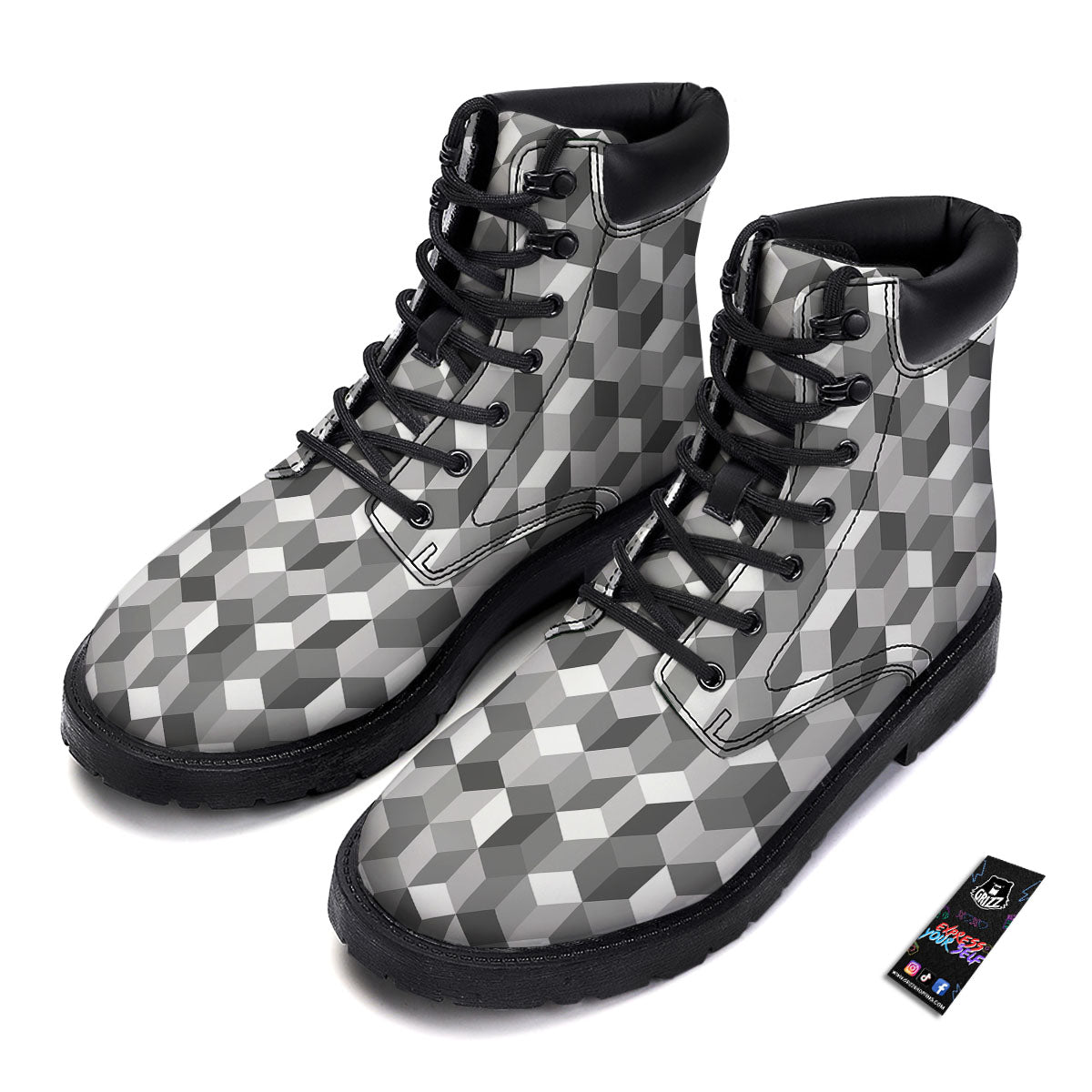 Cube Shape Grey Geometric Print Pattern Boots-grizzshop