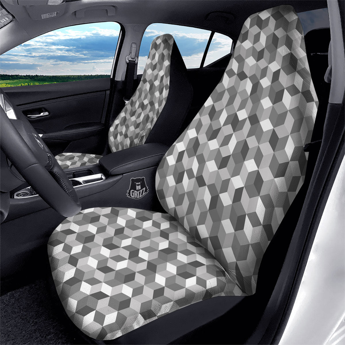 Cube Shape Grey Geometric Print Pattern Car Seat Covers-grizzshop