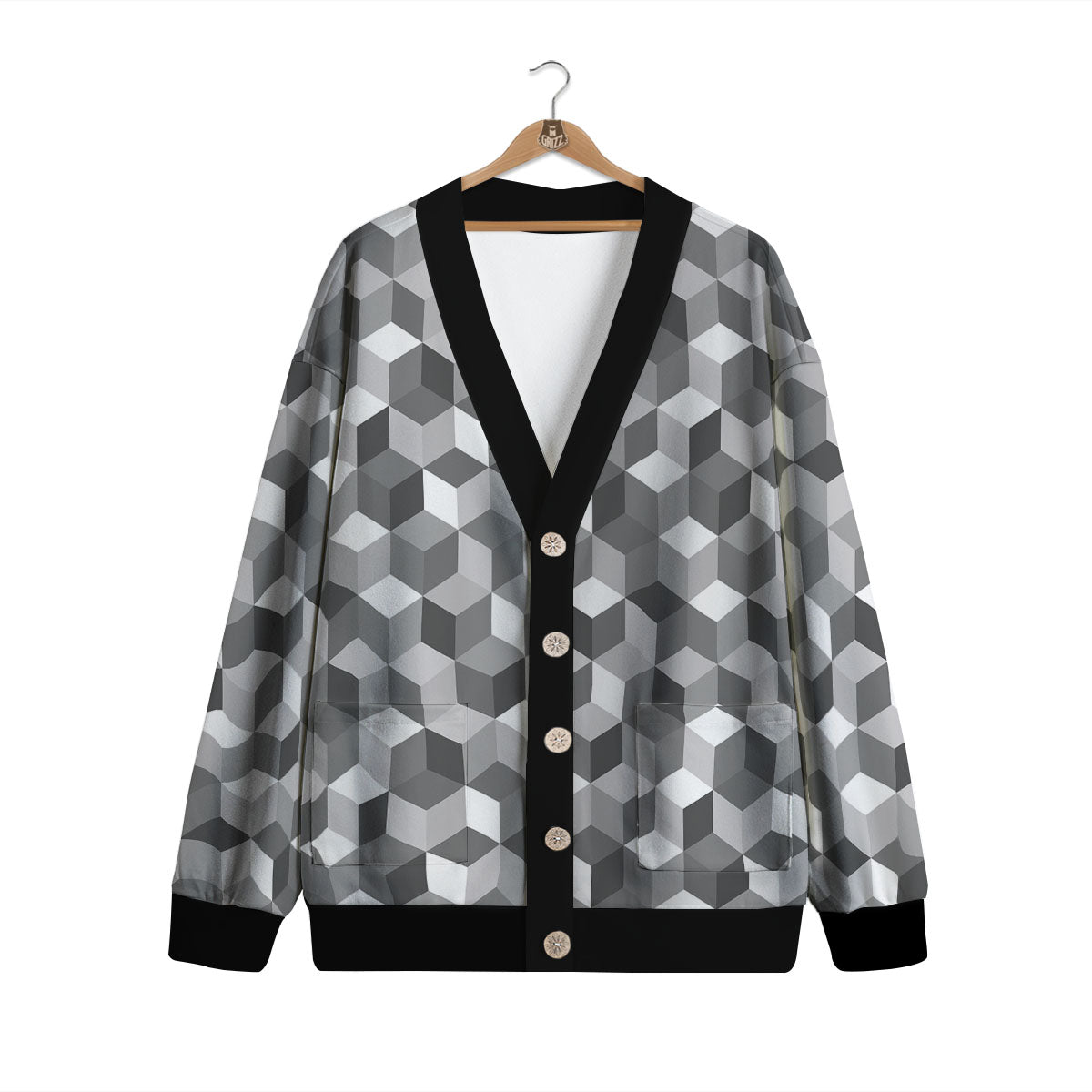 Cube Shape Grey Geometric Print Pattern Cardigan-grizzshop