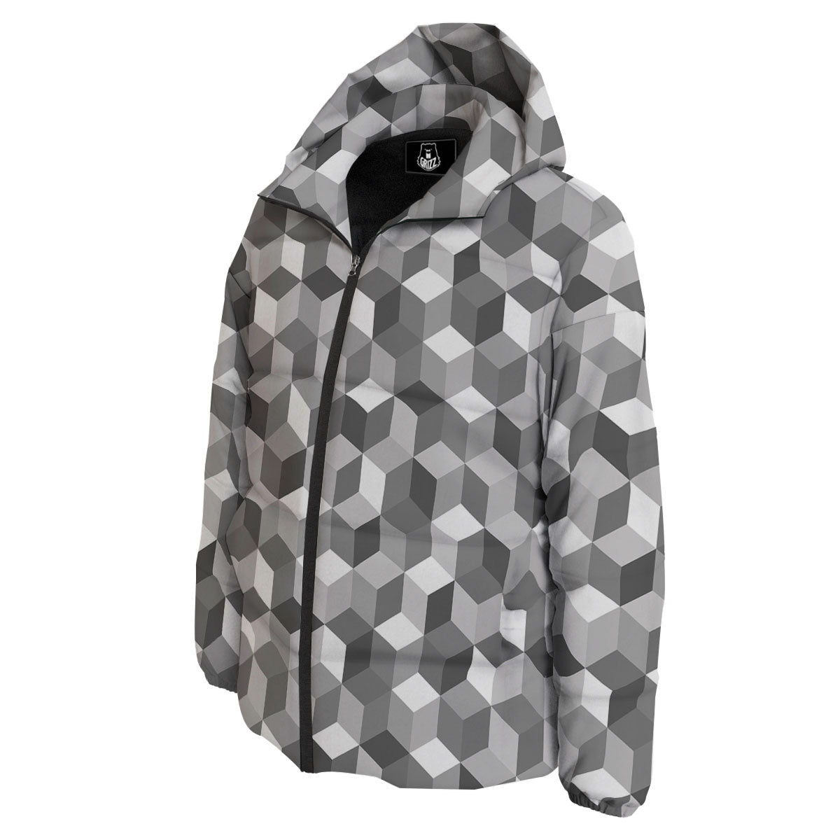 Cube Shape Grey Geometric Print Pattern Down Jacket-grizzshop