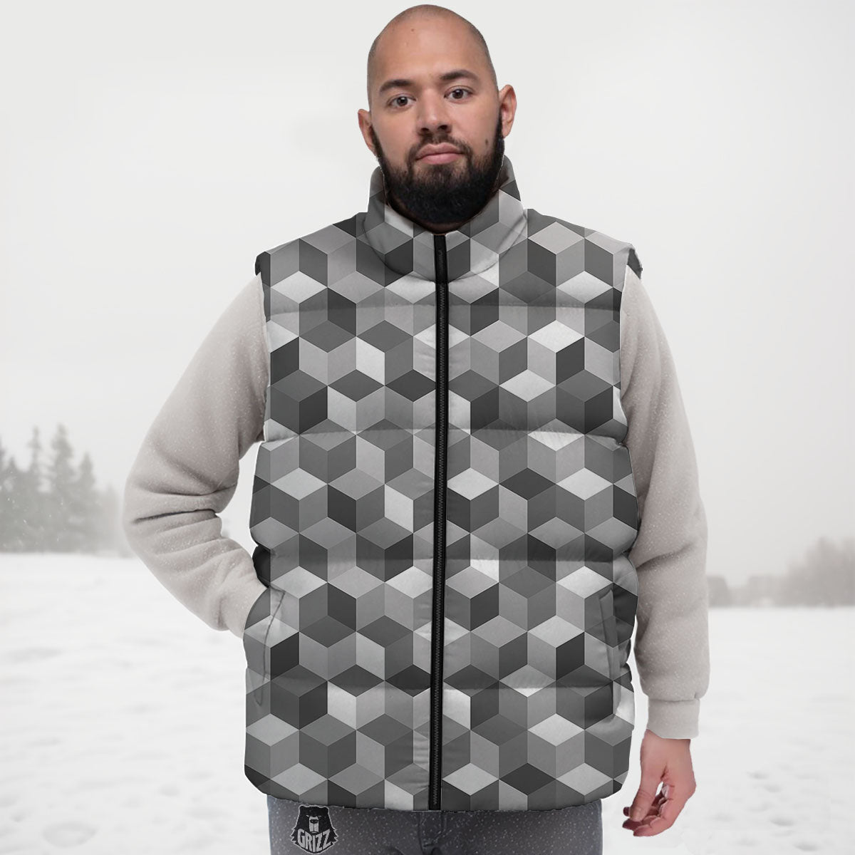 Cube Shape Grey Geometric Print Pattern Down Vest-grizzshop