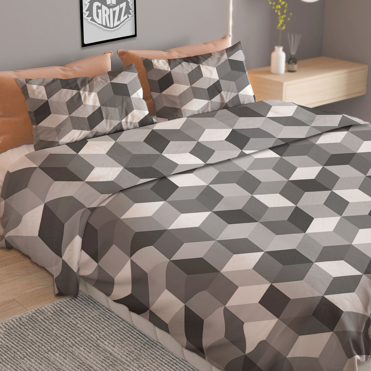 Cube Shape Grey Geometric Print Pattern Duvet Cover Bedding Set-grizzshop