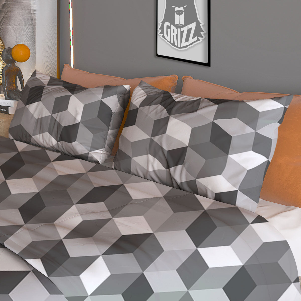 Cube Shape Grey Geometric Print Pattern Duvet Cover Bedding Set-grizzshop