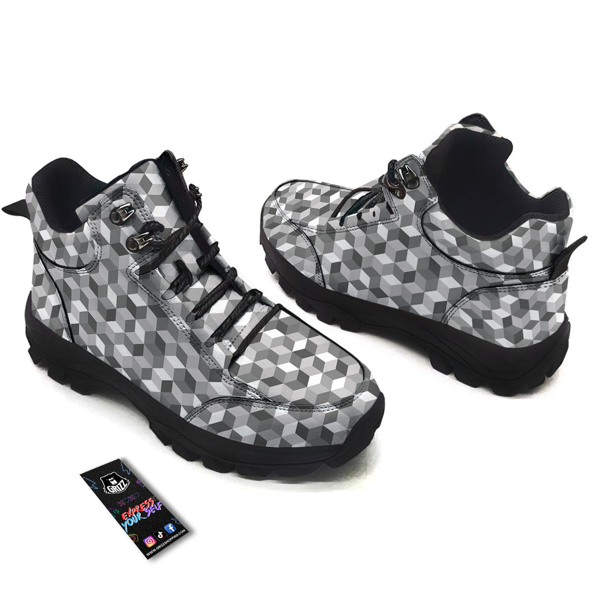 Cube Shape Grey Geometric Print Pattern Hiking Shoes-grizzshop
