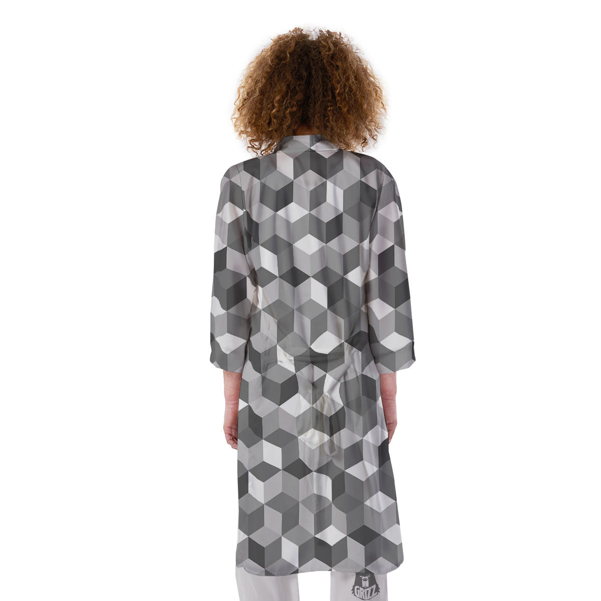 Cube Shape Grey Geometric Print Pattern Kimono-grizzshop