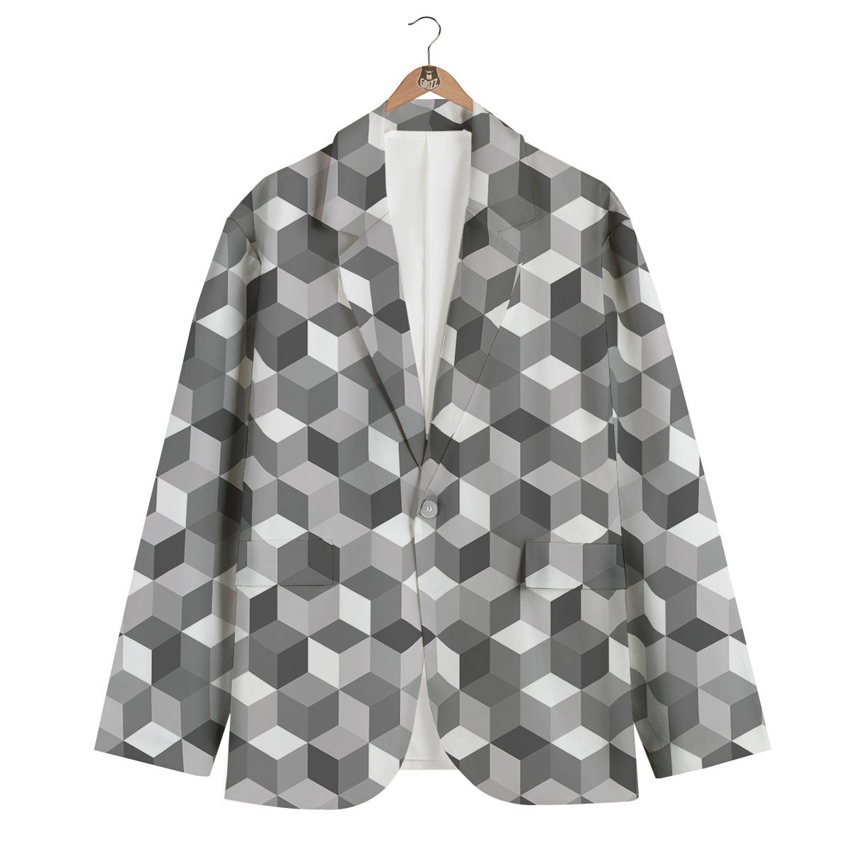 Cube Shape Grey Geometric Print Pattern Men's Blazer-grizzshop