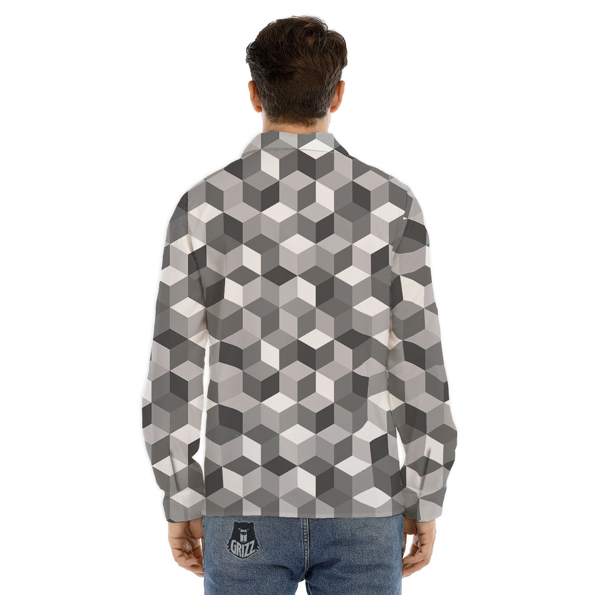 Cube Shape Grey Geometric Print Pattern Men's Dress Shirts-grizzshop