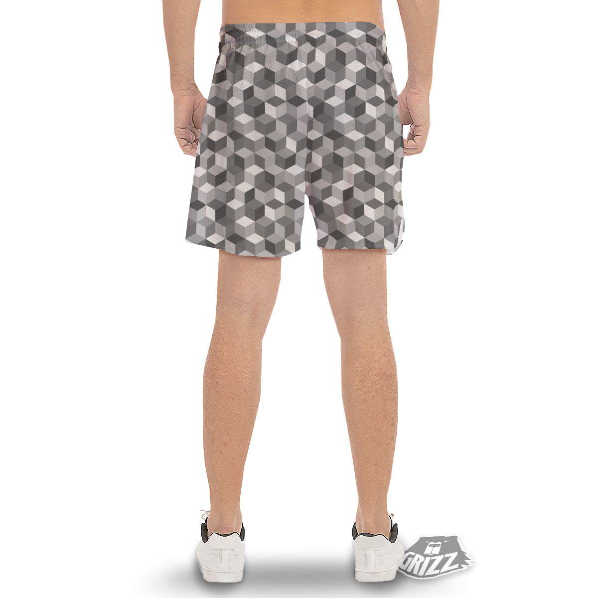 Cube Shape Grey Geometric Print Pattern Men's Gym Shorts-grizzshop