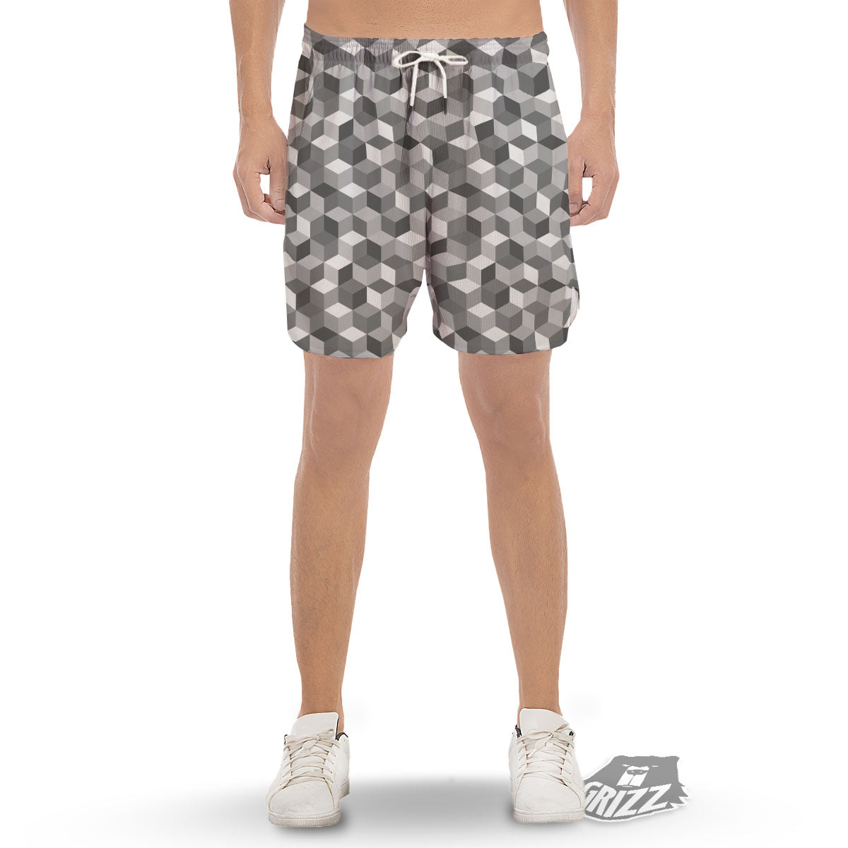 Cube Shape Grey Geometric Print Pattern Men's Gym Shorts-grizzshop