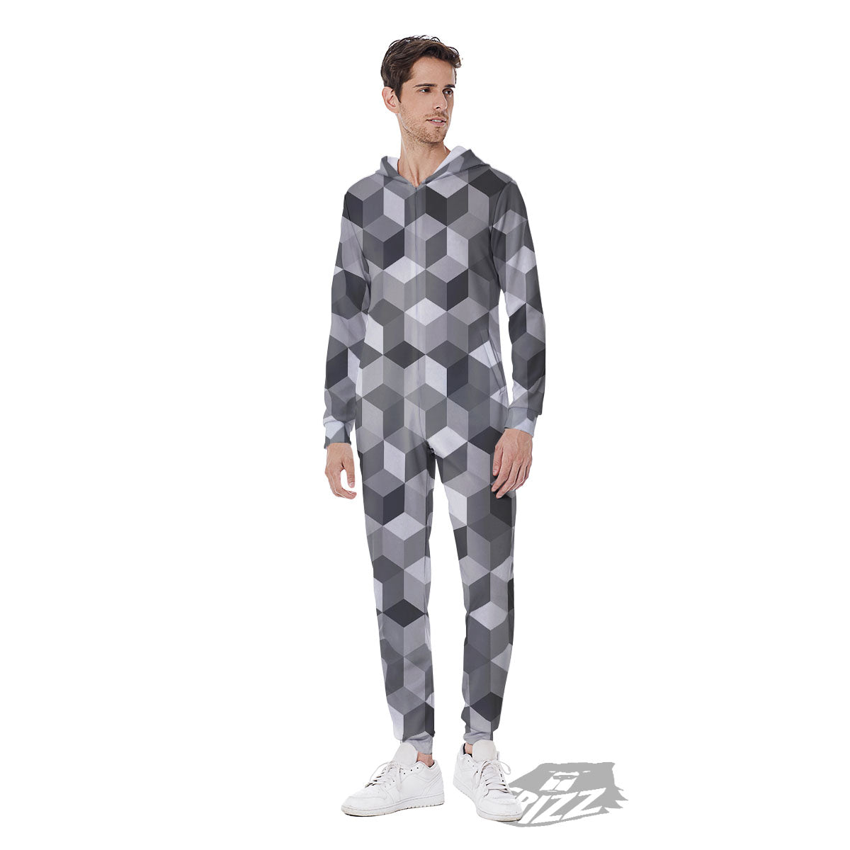 Cube Shape Grey Geometric Print Pattern Men's Jumpsuit-grizzshop