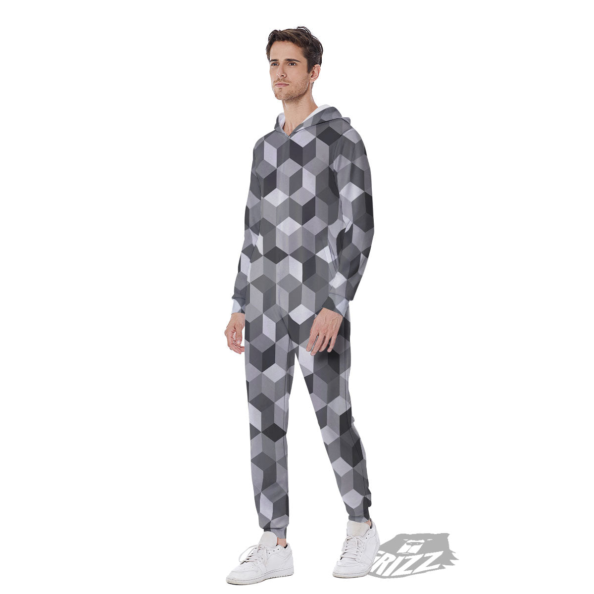 Cube Shape Grey Geometric Print Pattern Men's Jumpsuit-grizzshop