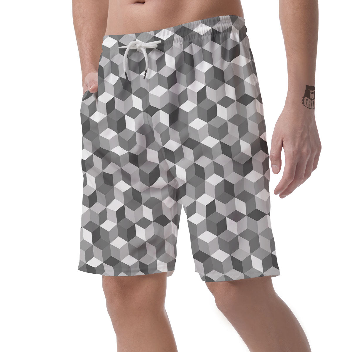 Cube Shape Grey Geometric Print Pattern Men's Shorts-grizzshop