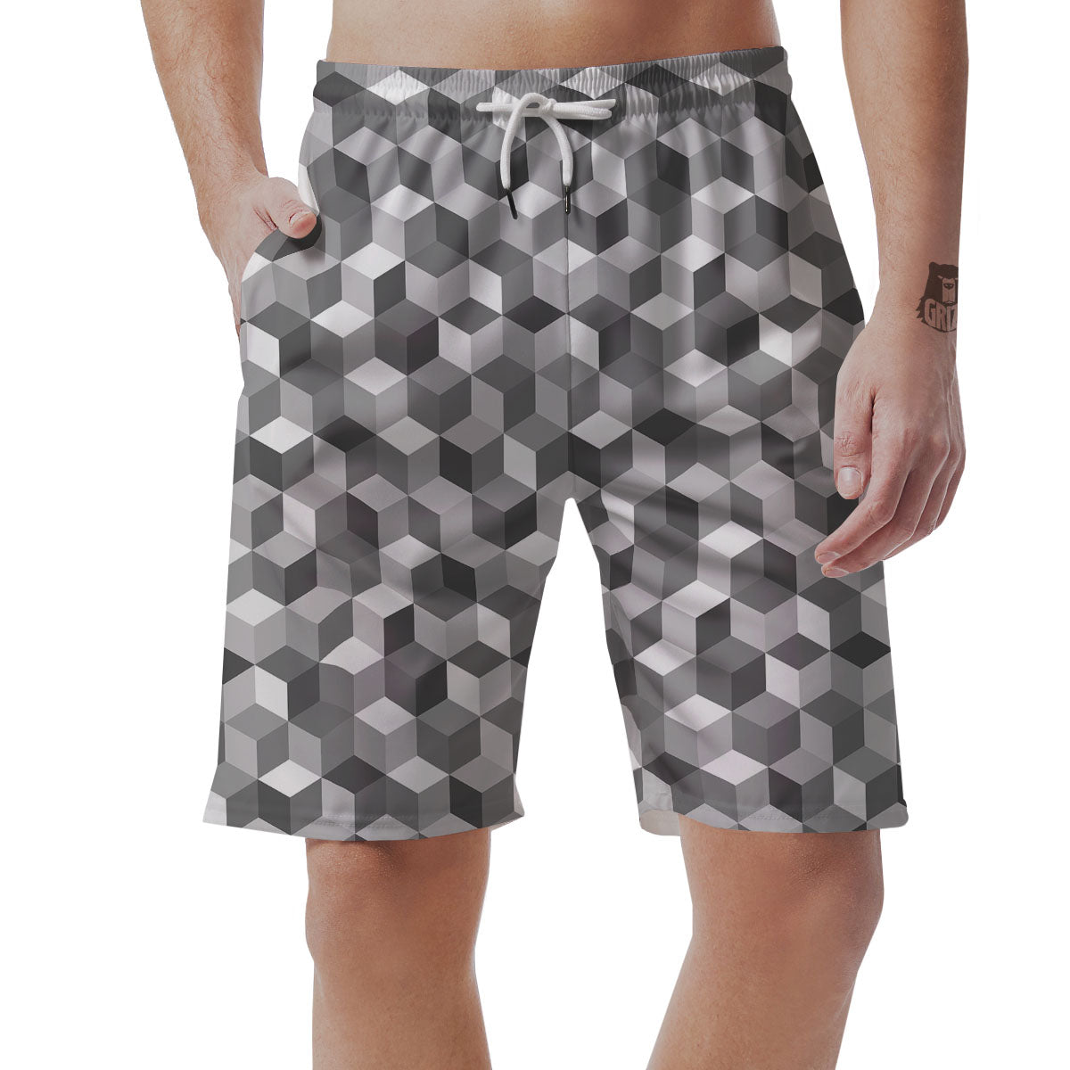 Cube Shape Grey Geometric Print Pattern Men's Shorts-grizzshop