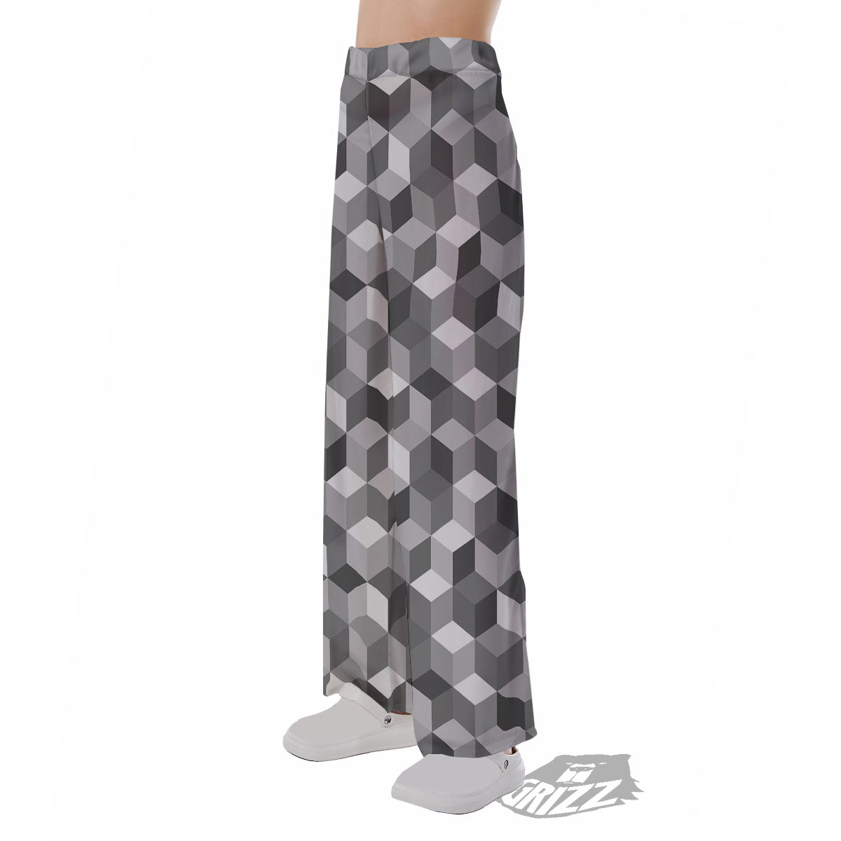 Cube Shape Grey Geometric Print Pattern Pajama Pants-grizzshop