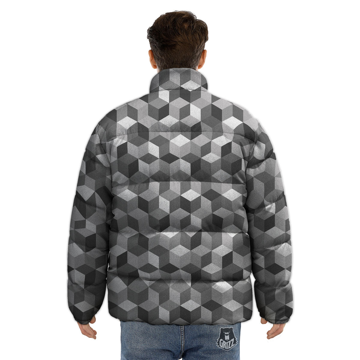 Cube Shape Grey Geometric Print Pattern Puffer Jacket-grizzshop