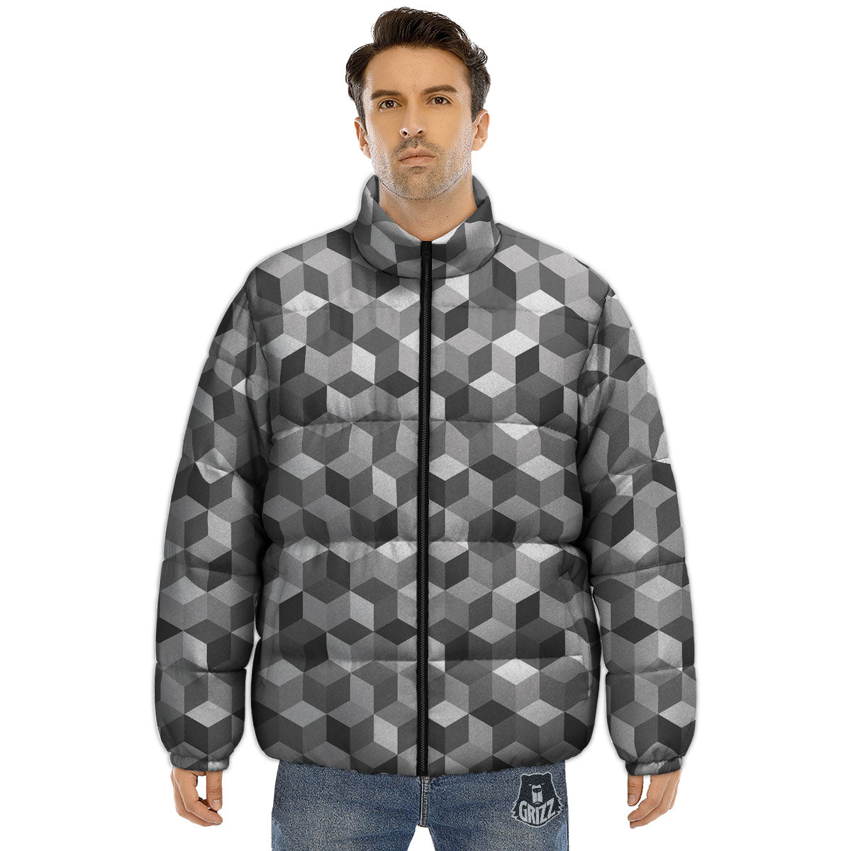 Cube Shape Grey Geometric Print Pattern Puffer Jacket-grizzshop