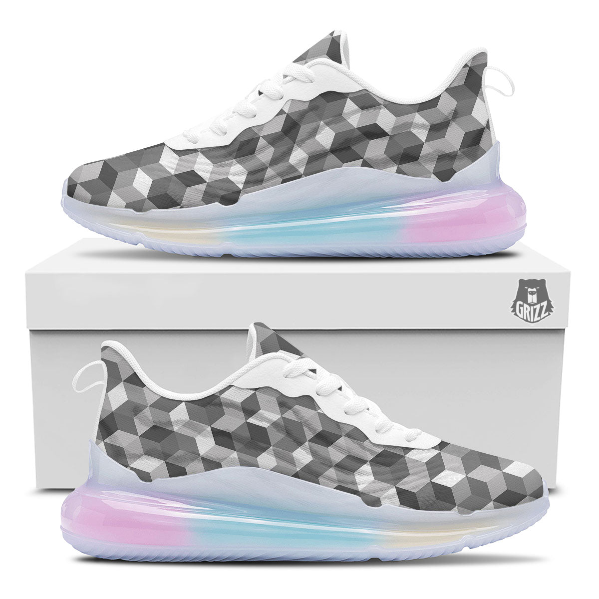 Cube Shape Grey Geometric Print Pattern Running Sneakers-grizzshop