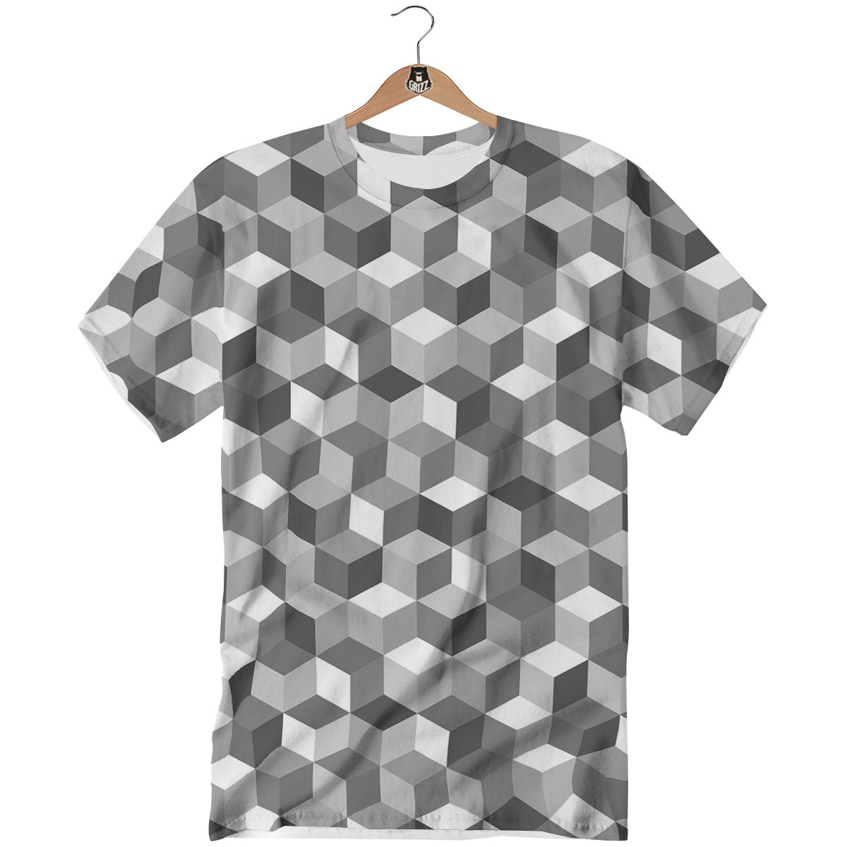 Cube Shape Grey Geometric Print Pattern T-Shirt-grizzshop