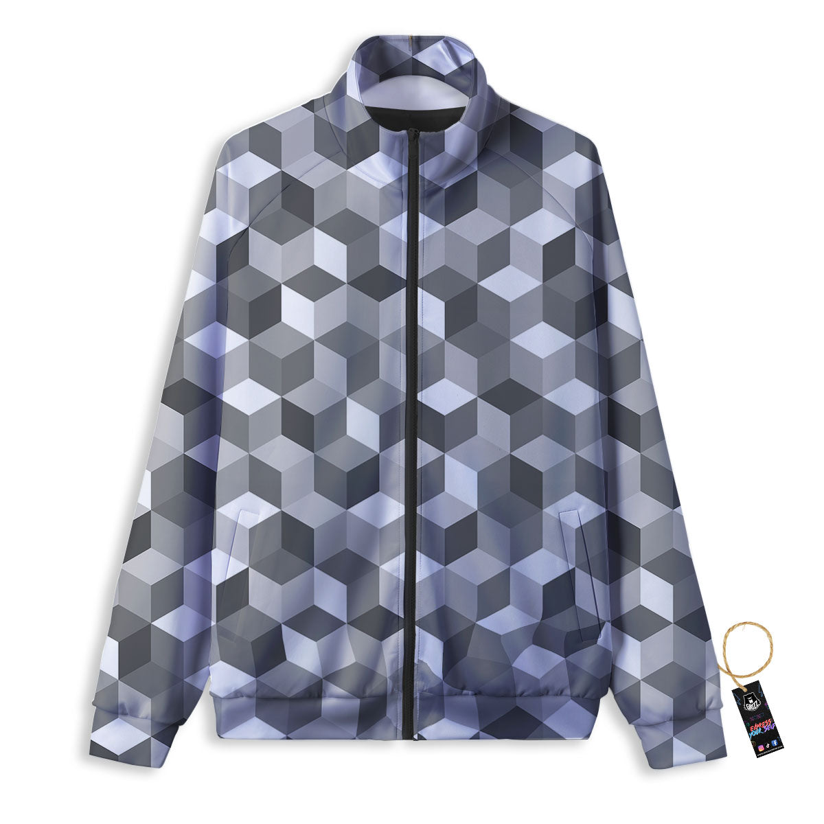 Cube Shape Grey Geometric Print Pattern Track Jacket-grizzshop