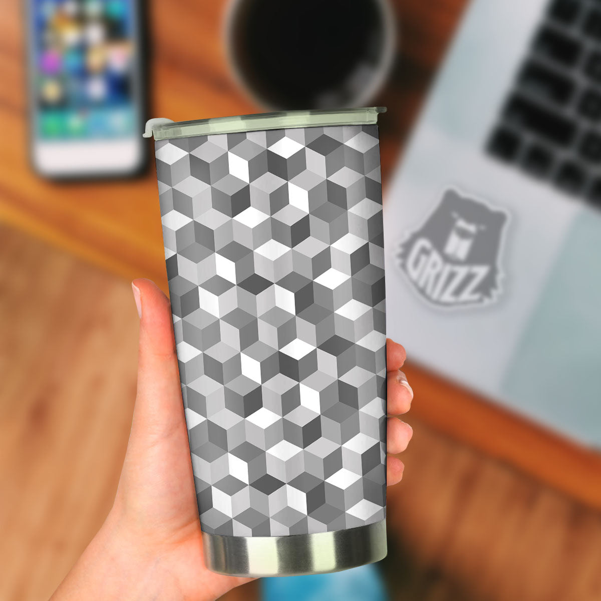 Cube Shape Grey Geometric Print Pattern Tumbler-grizzshop