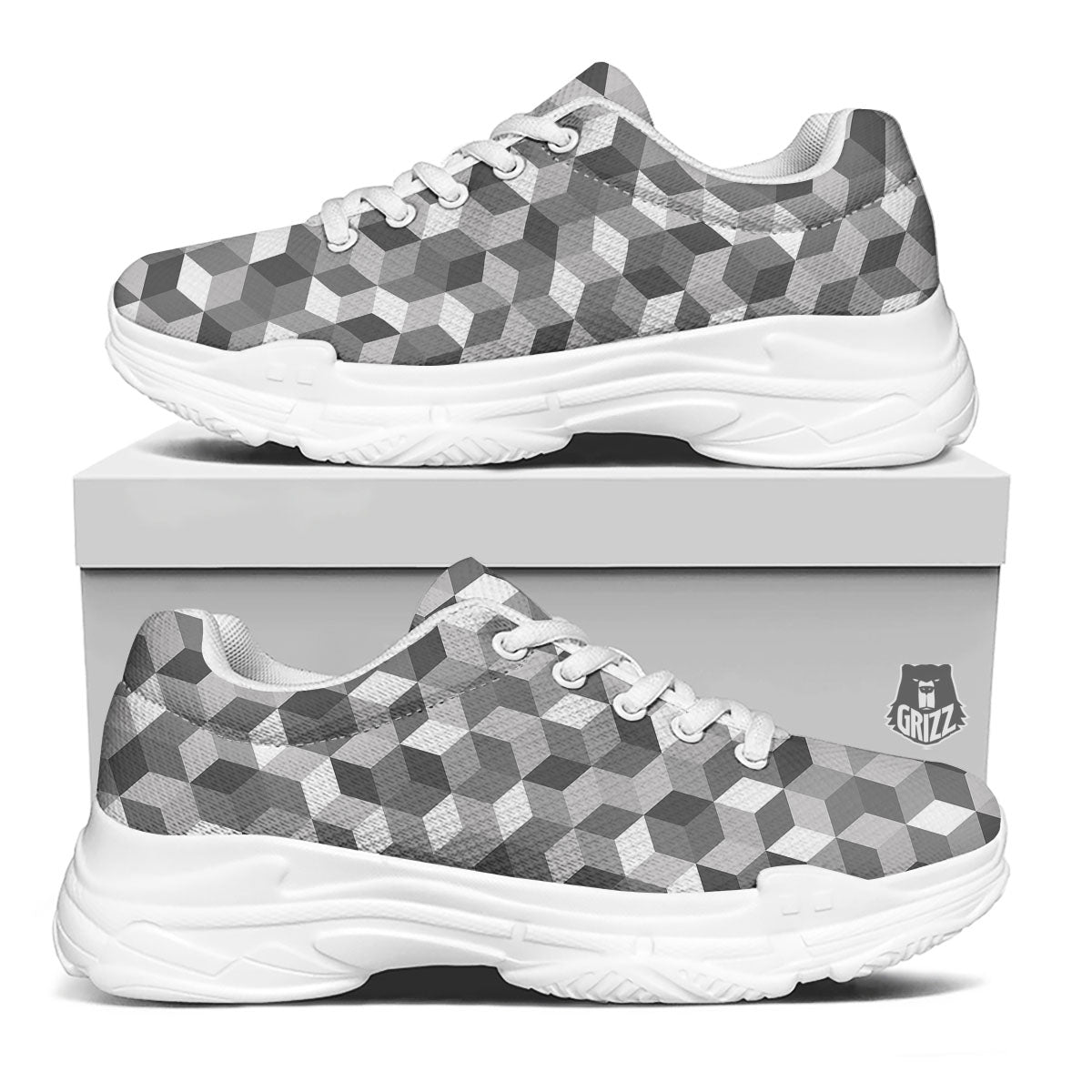 Cube Shape Grey Geometric Print Pattern White Chunky Shoes-grizzshop