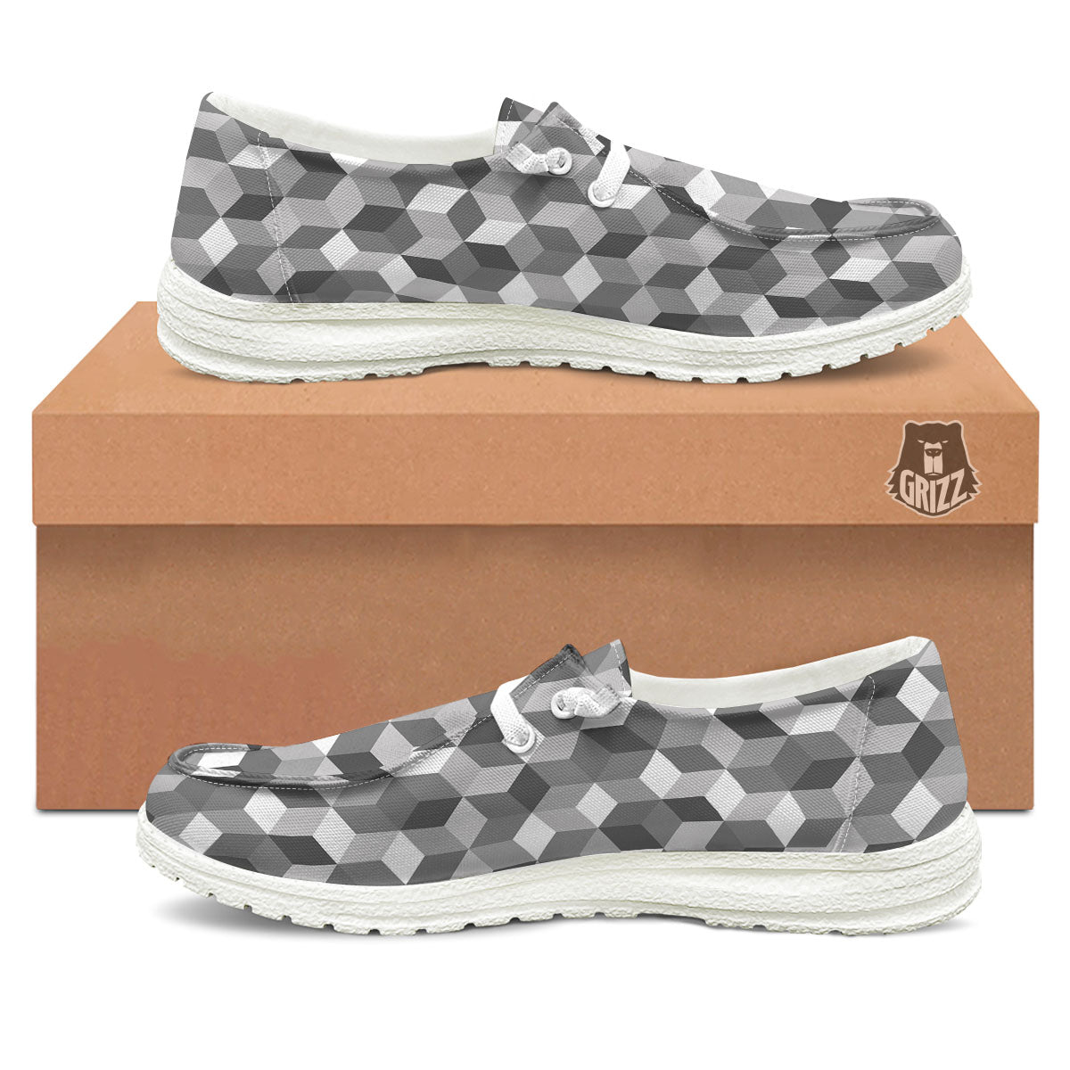 Cube Shape Grey Geometric Print Pattern White Loafers-grizzshop