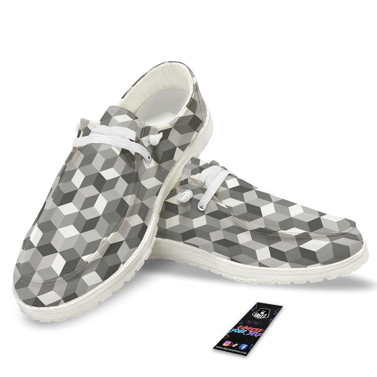 Cube Shape Grey Geometric Print Pattern White Loafers-grizzshop