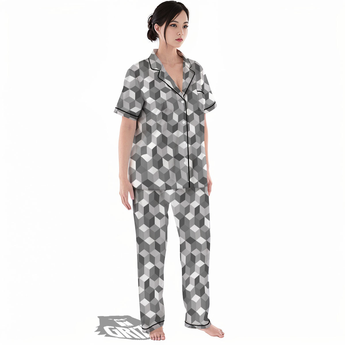 Cube Shape Grey Geometric Print Pattern Women's Pajamas Set-grizzshop