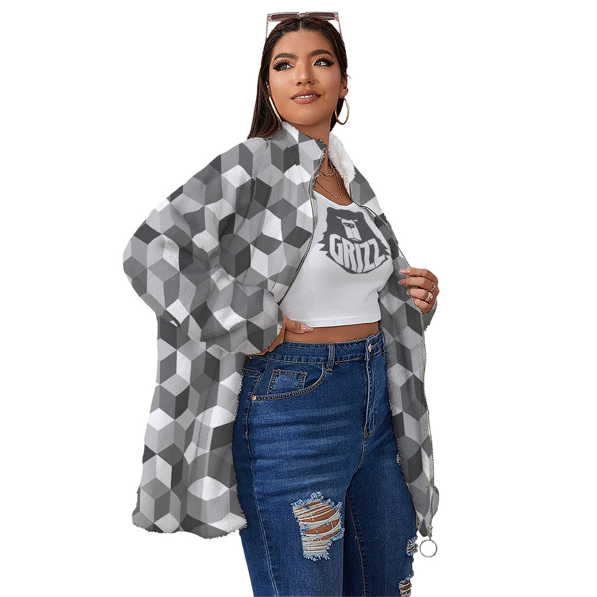 Cube Shape Grey Geometric Print Pattern Women's Sherpa Jacket-grizzshop