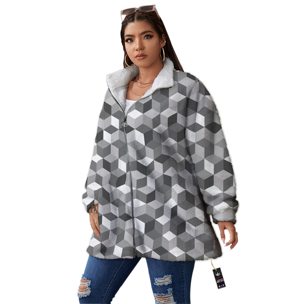 Cube Shape Grey Geometric Print Pattern Women's Sherpa Jacket-grizzshop