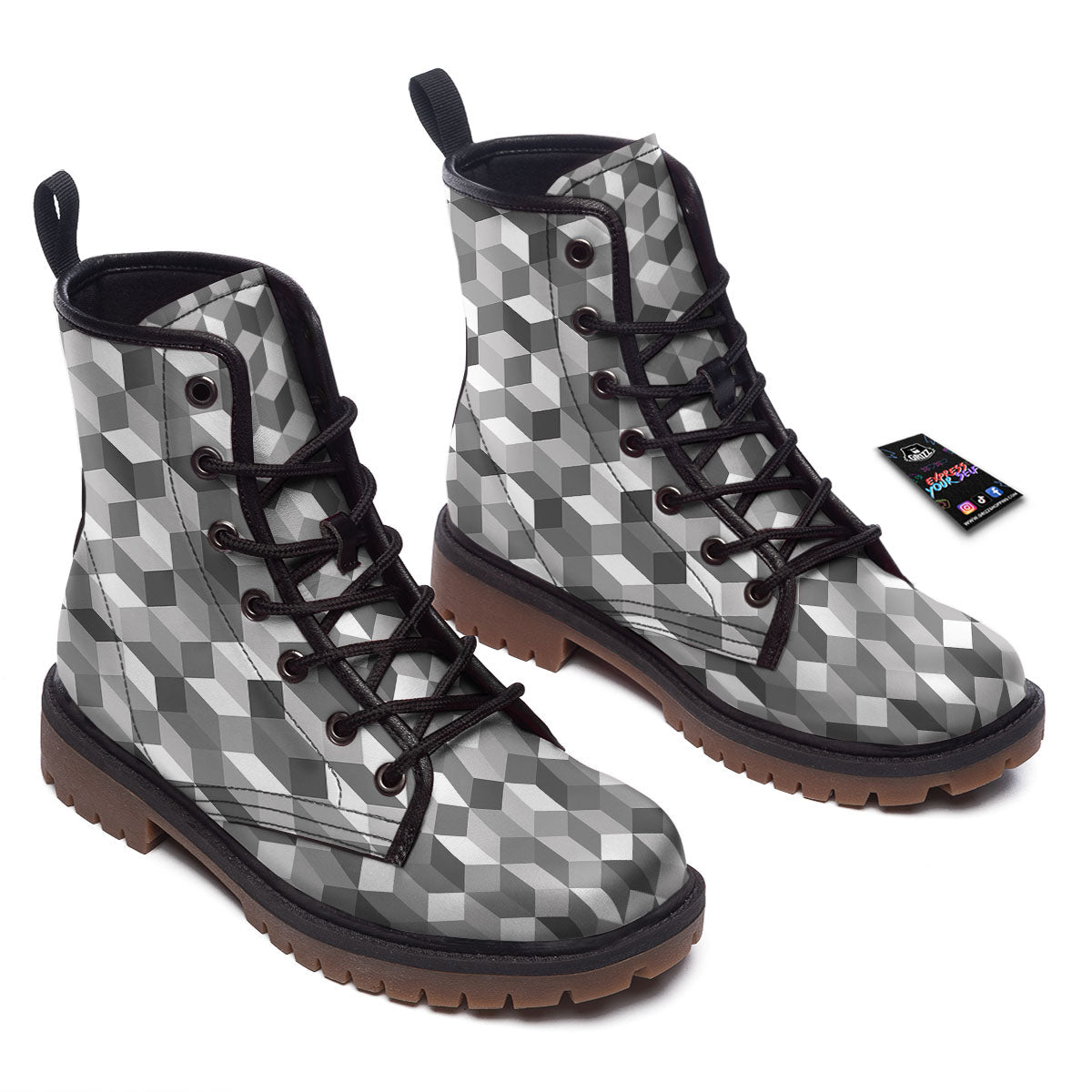 Cube Shape Grey Geometric Print Pattern Work Boots-grizzshop