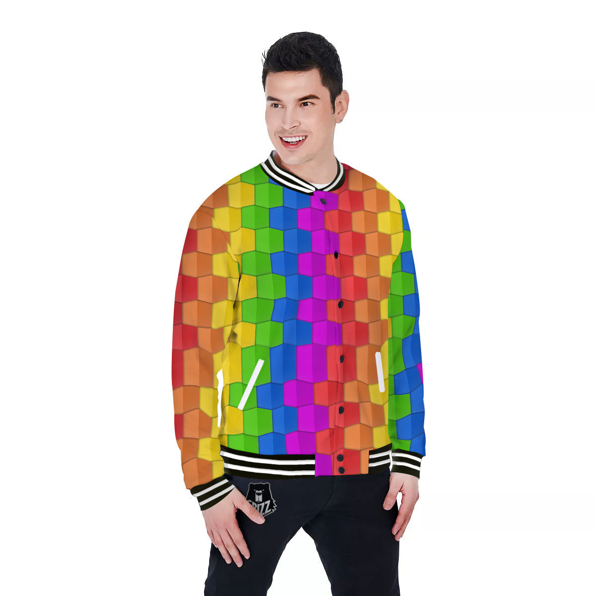 Cubes Rainbow Print Pattern Baseball Jacket-grizzshop