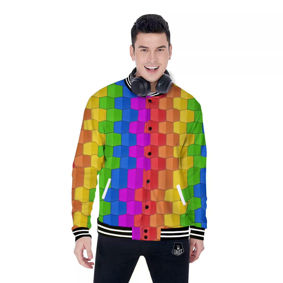 Cubes Rainbow Print Pattern Baseball Jacket-grizzshop