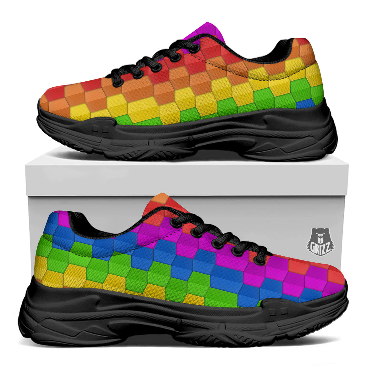 Cubes Rainbow Print Pattern Black Chunky Shoes-grizzshop