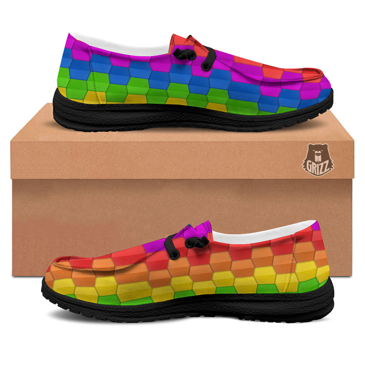 Cubes Rainbow Print Pattern Black Loafers-grizzshop