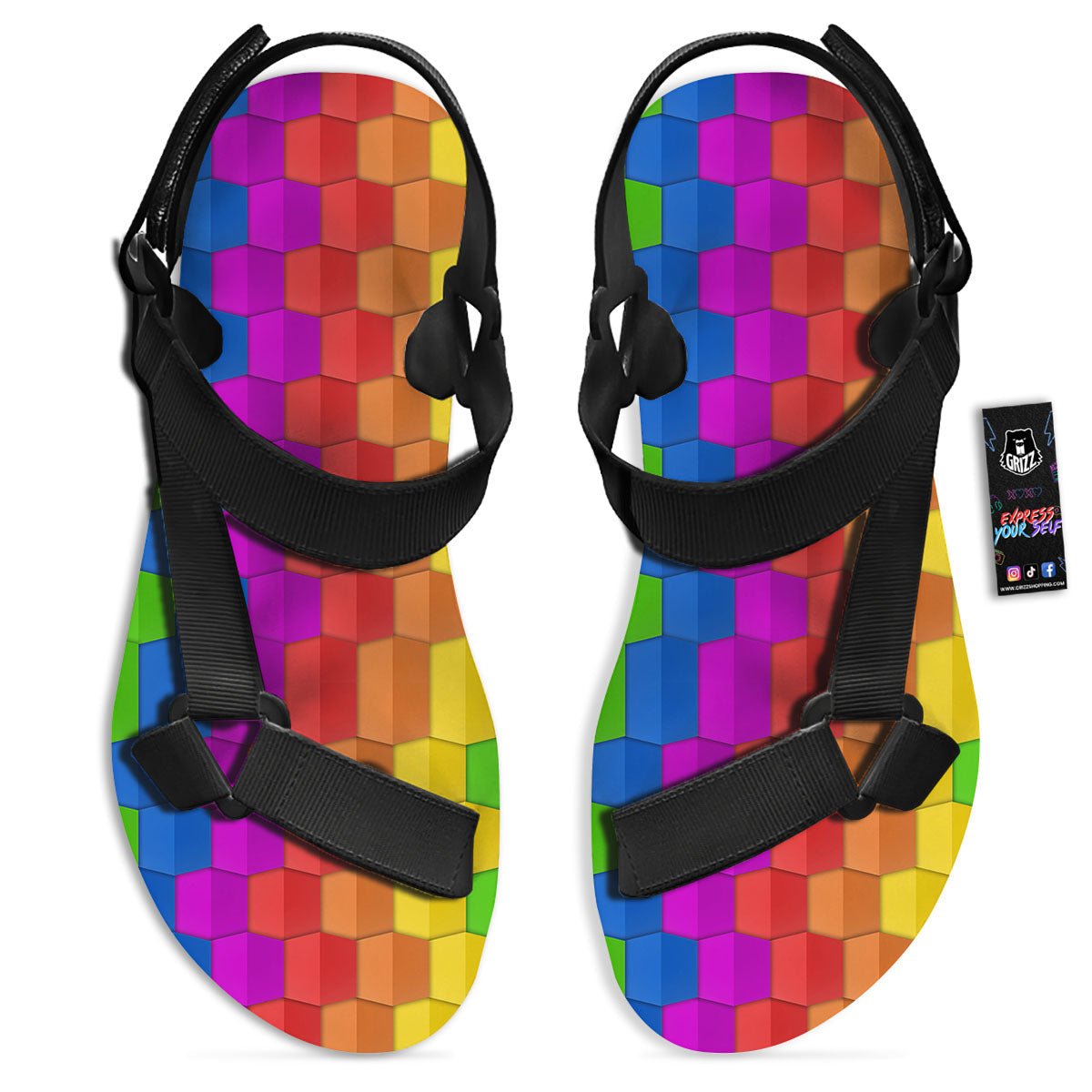 Cubes Rainbow Print Pattern Black Open Toe Sandals-grizzshop