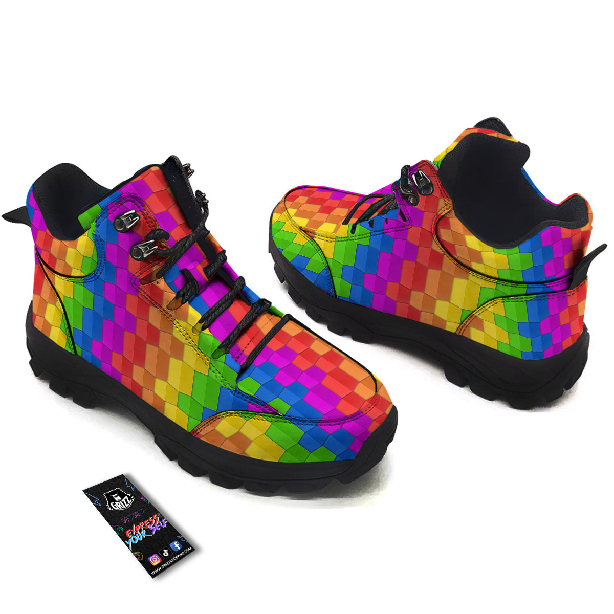 Cubes Rainbow Print Pattern Hiking Shoes-grizzshop
