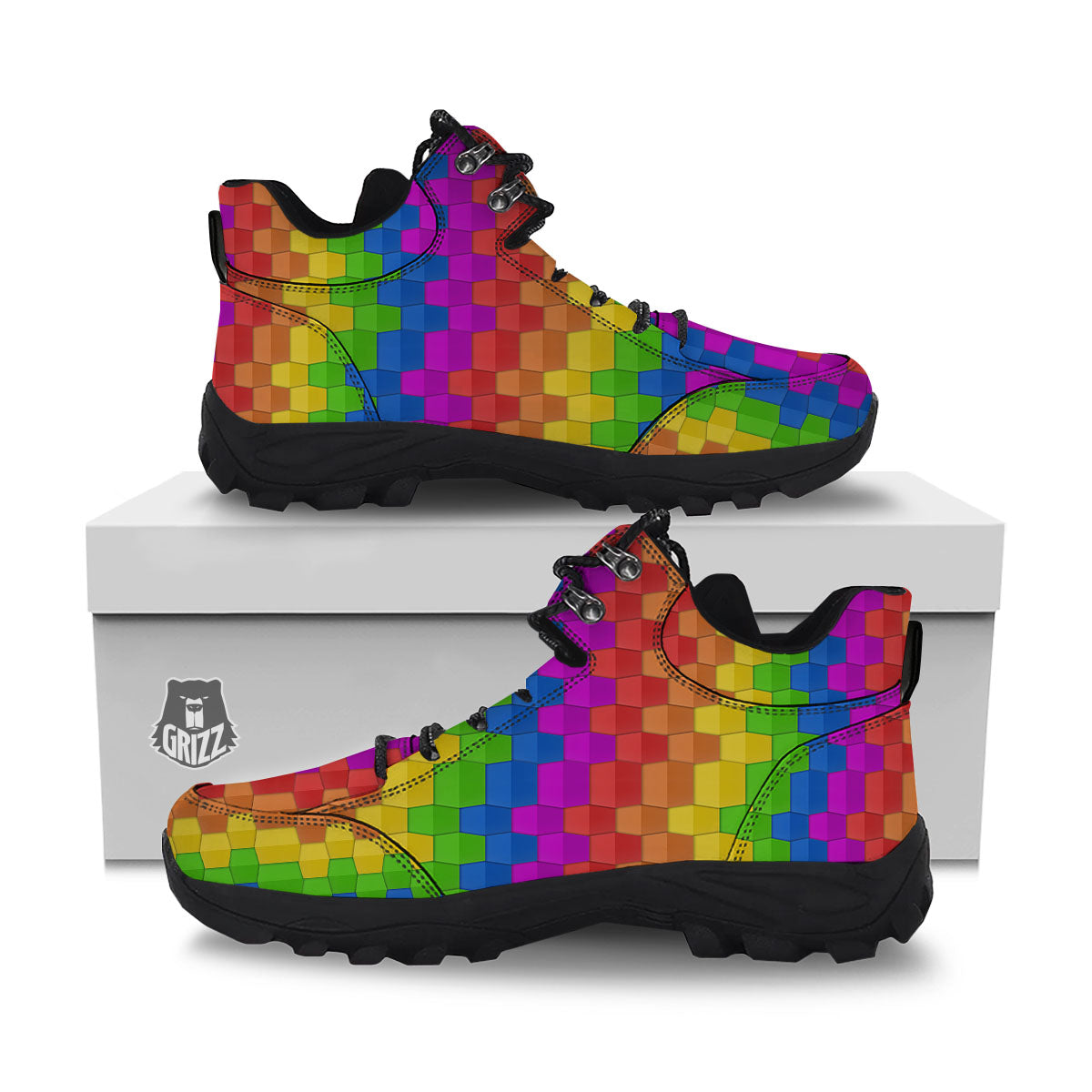 Cubes Rainbow Print Pattern Hiking Shoes-grizzshop