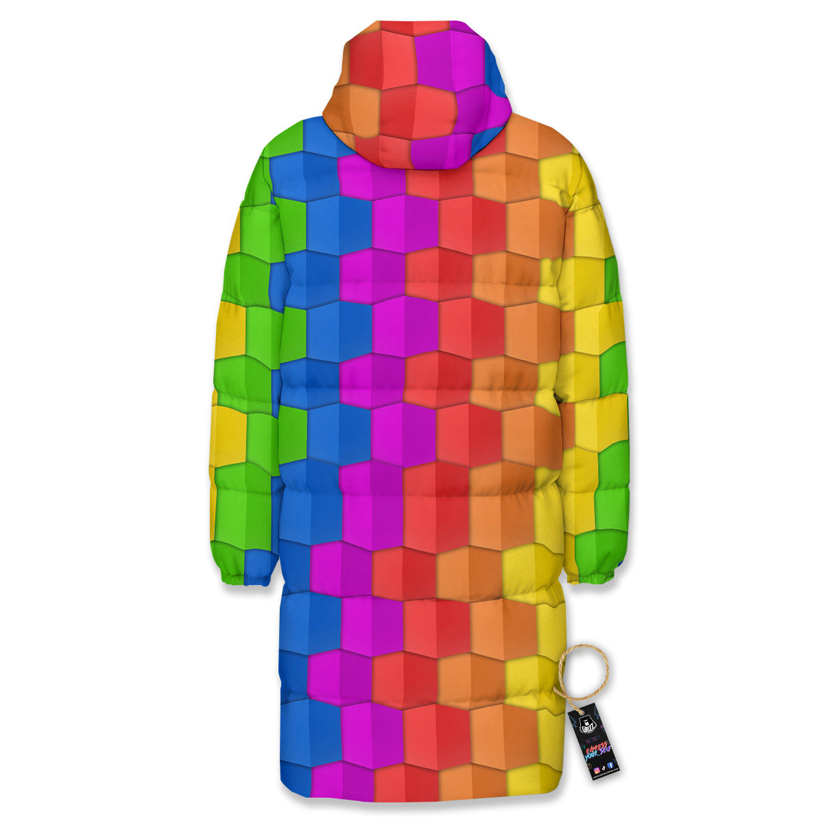 Cubes Rainbow Print Pattern Long Down Jacket-grizzshop