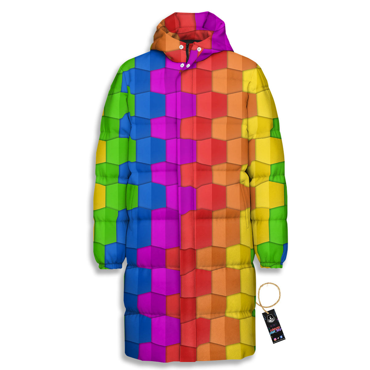 Cubes Rainbow Print Pattern Long Down Jacket-grizzshop