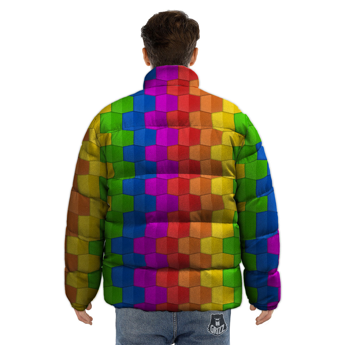 Cubes Rainbow Print Pattern Puffer Jacket-grizzshop