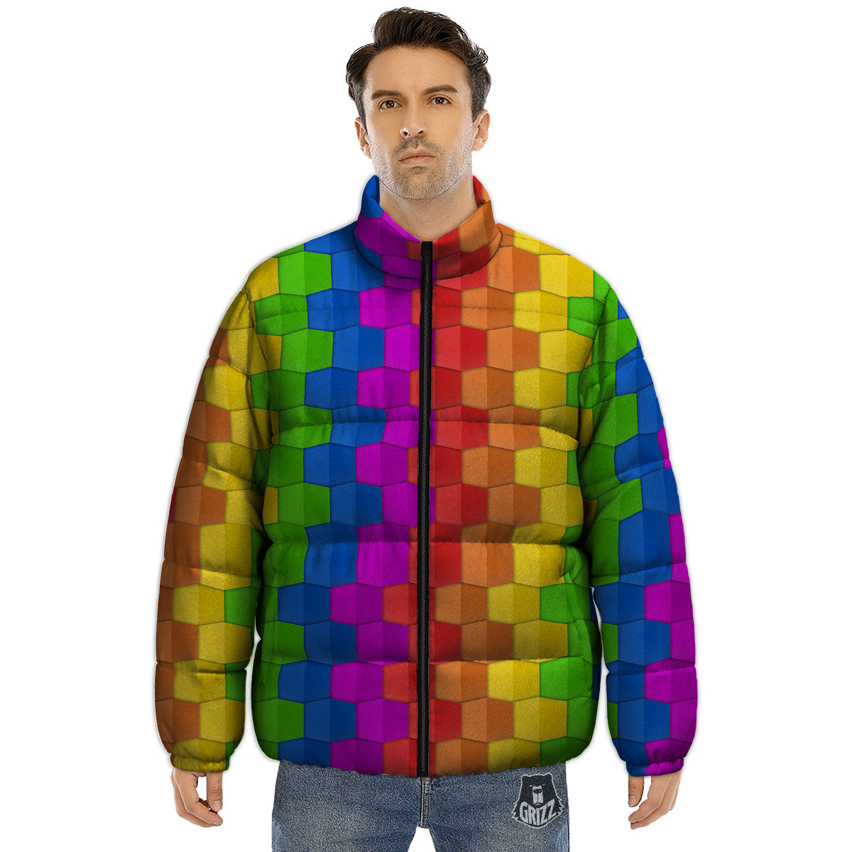 Cubes Rainbow Print Pattern Puffer Jacket-grizzshop