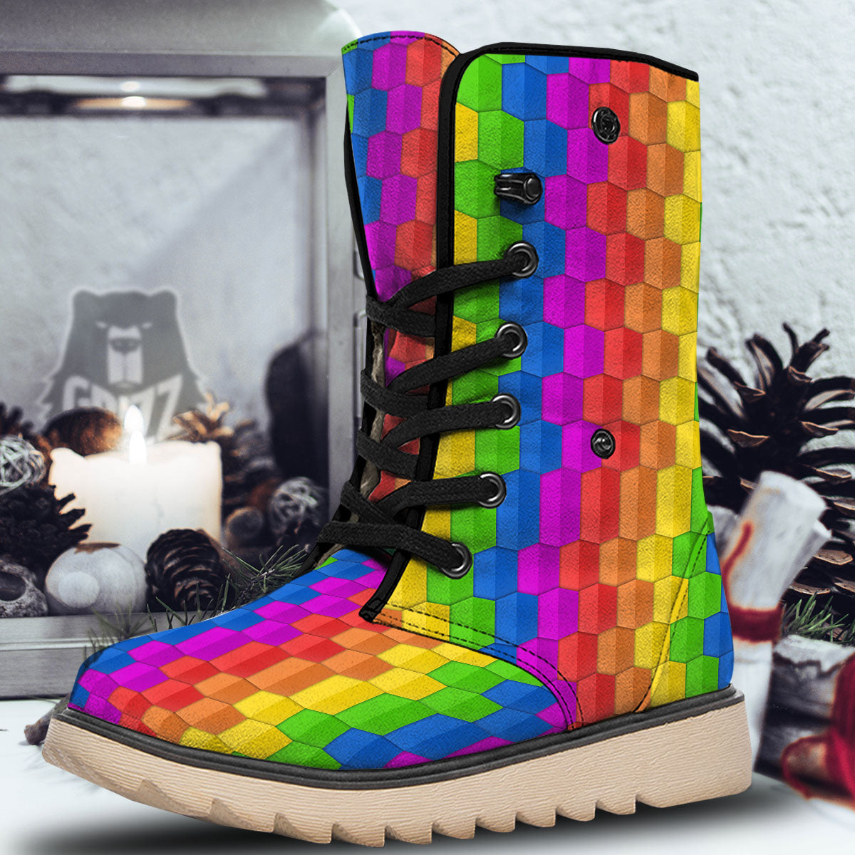 Cubes Rainbow Print Pattern Snow Boots-grizzshop