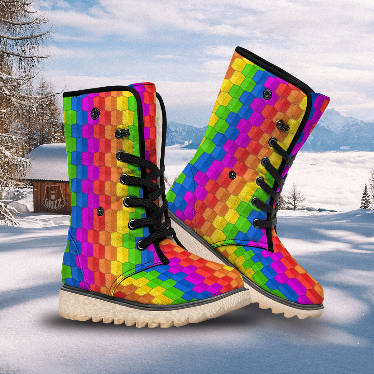 Cubes Rainbow Print Pattern Snow Boots-grizzshop