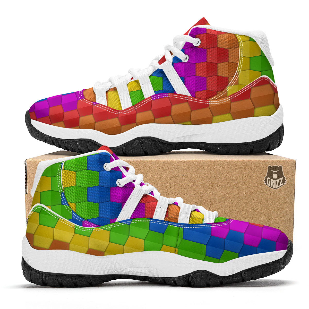 Cubes Rainbow Print Pattern White Bball Shoes-grizzshop