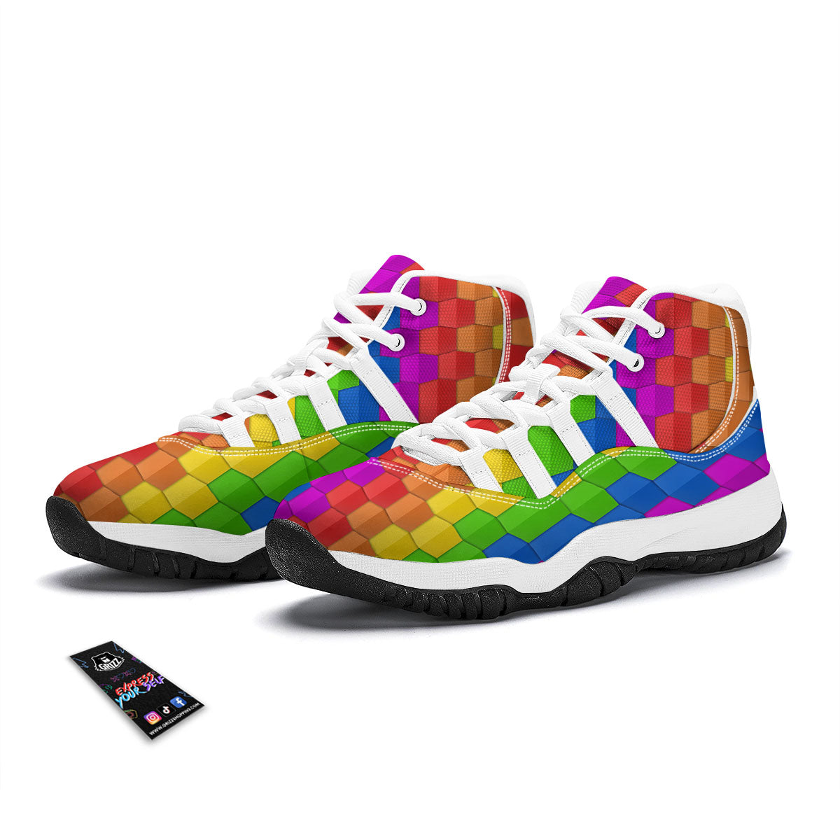 Cubes Rainbow Print Pattern White Bball Shoes-grizzshop