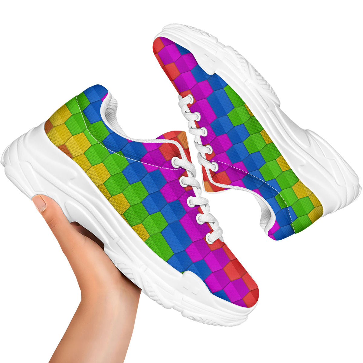 Cubes Rainbow Print Pattern White Chunky Shoes-grizzshop